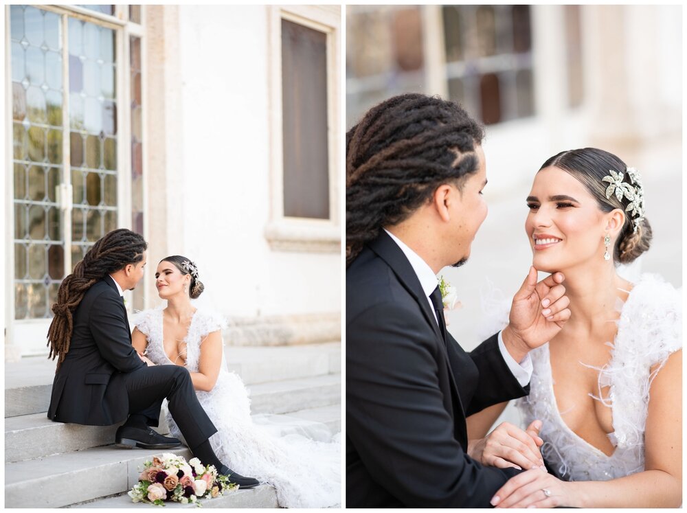portraits of bride and groom smiling at each other at Vizcaya Museum and Gardens