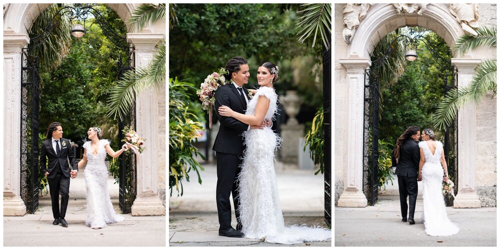 newlywed portraits under the arch at Vizcaya Museum in Miami, Florida