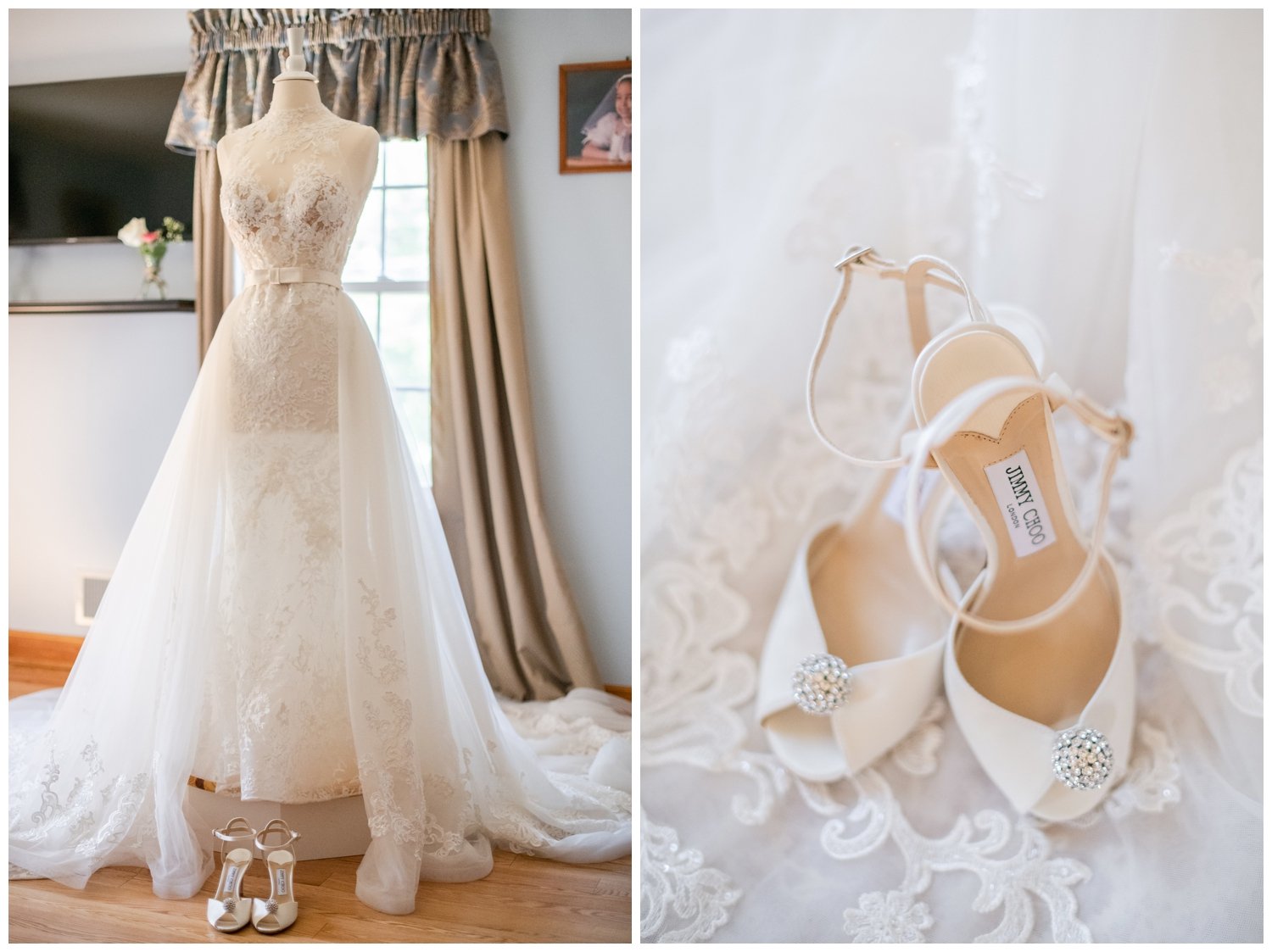wedding gown and cream wedding heels