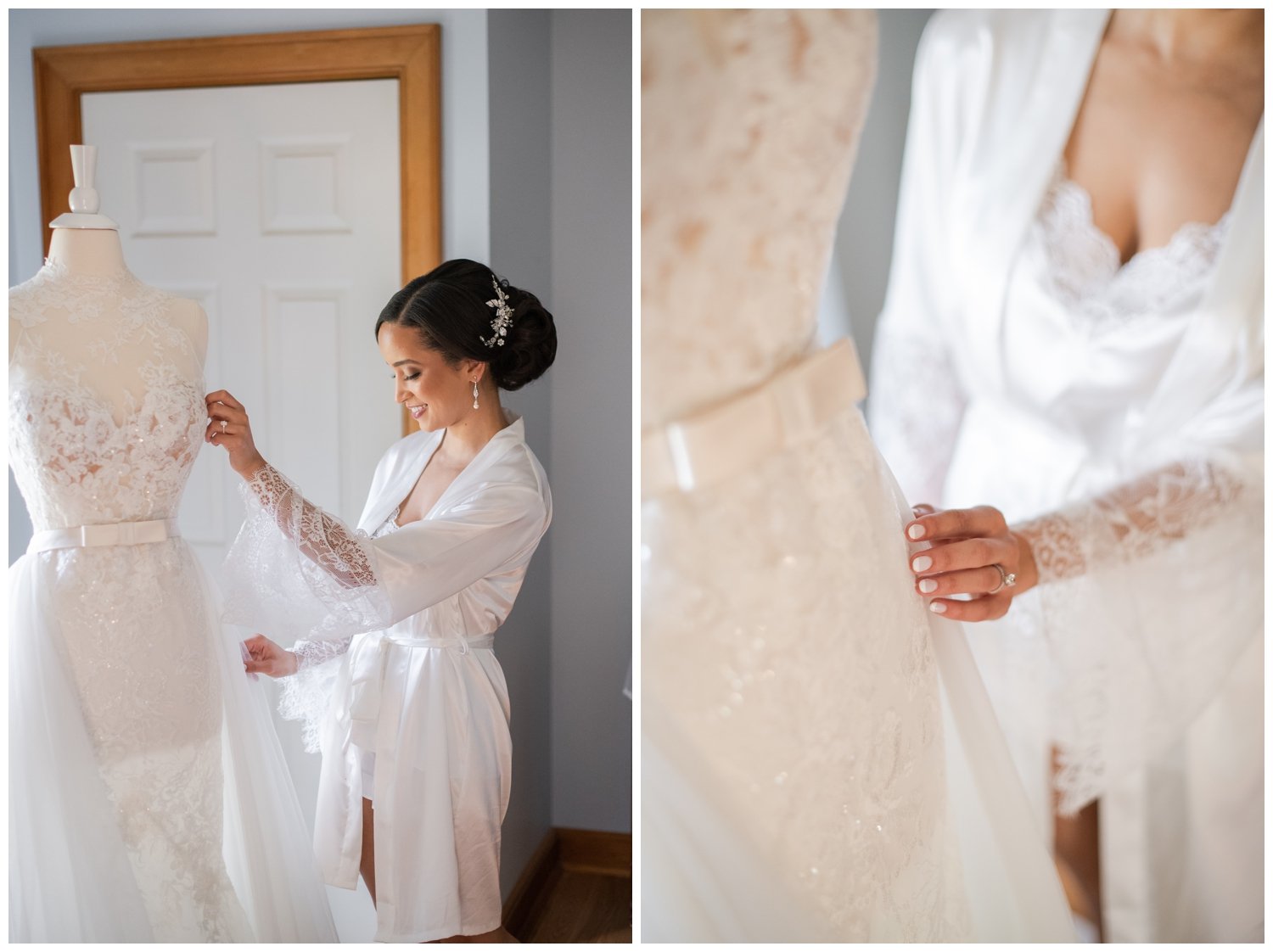 bride touching and looking at wedding gown in Boston