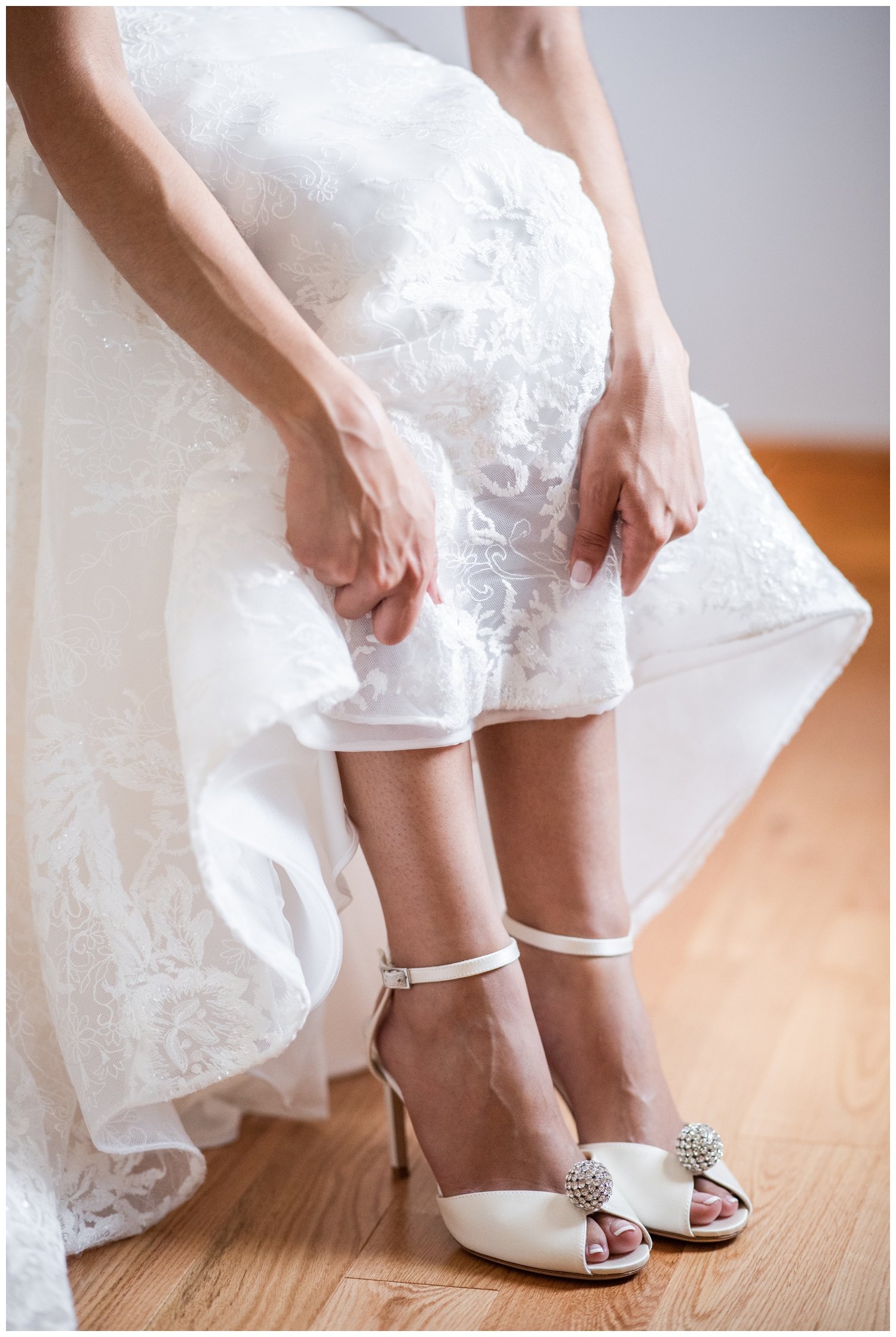 detail shot of brides cream wedding heels