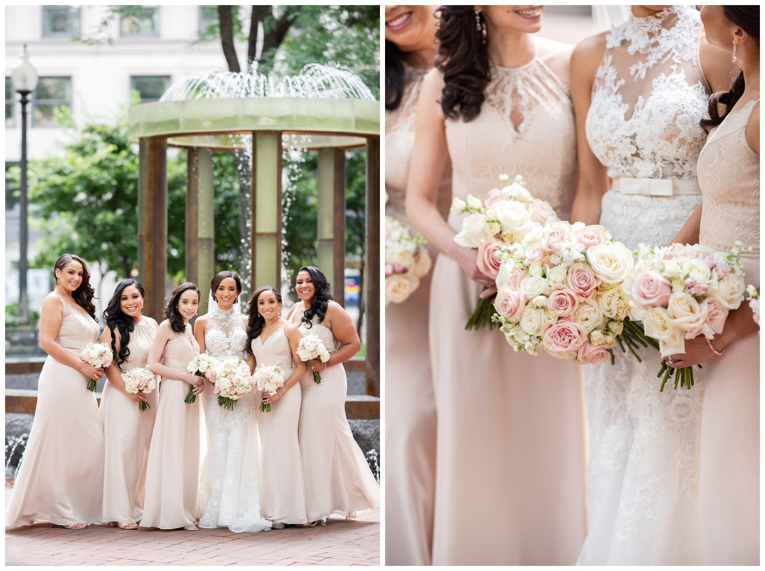 bride and bridesmaids in blush dresses outdoor portrait Fairmont Copley Plaza wedding