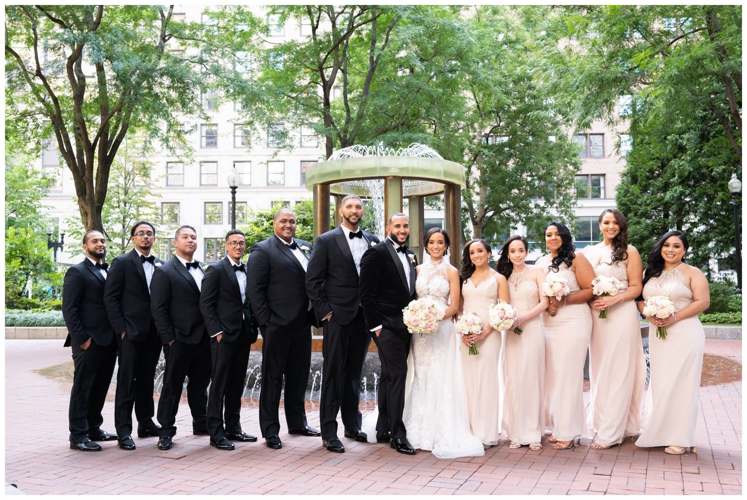 full wedding party black tuxes and blush dresses for Fairmont Copley Plaza wedding