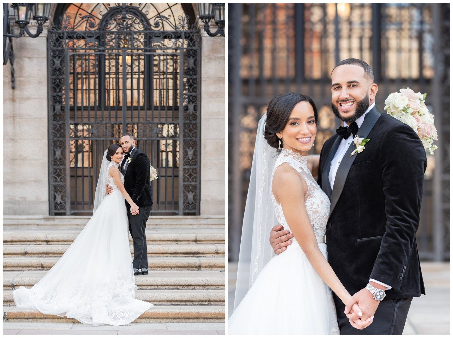 bride and groom portraits on steps of Boston Public Library