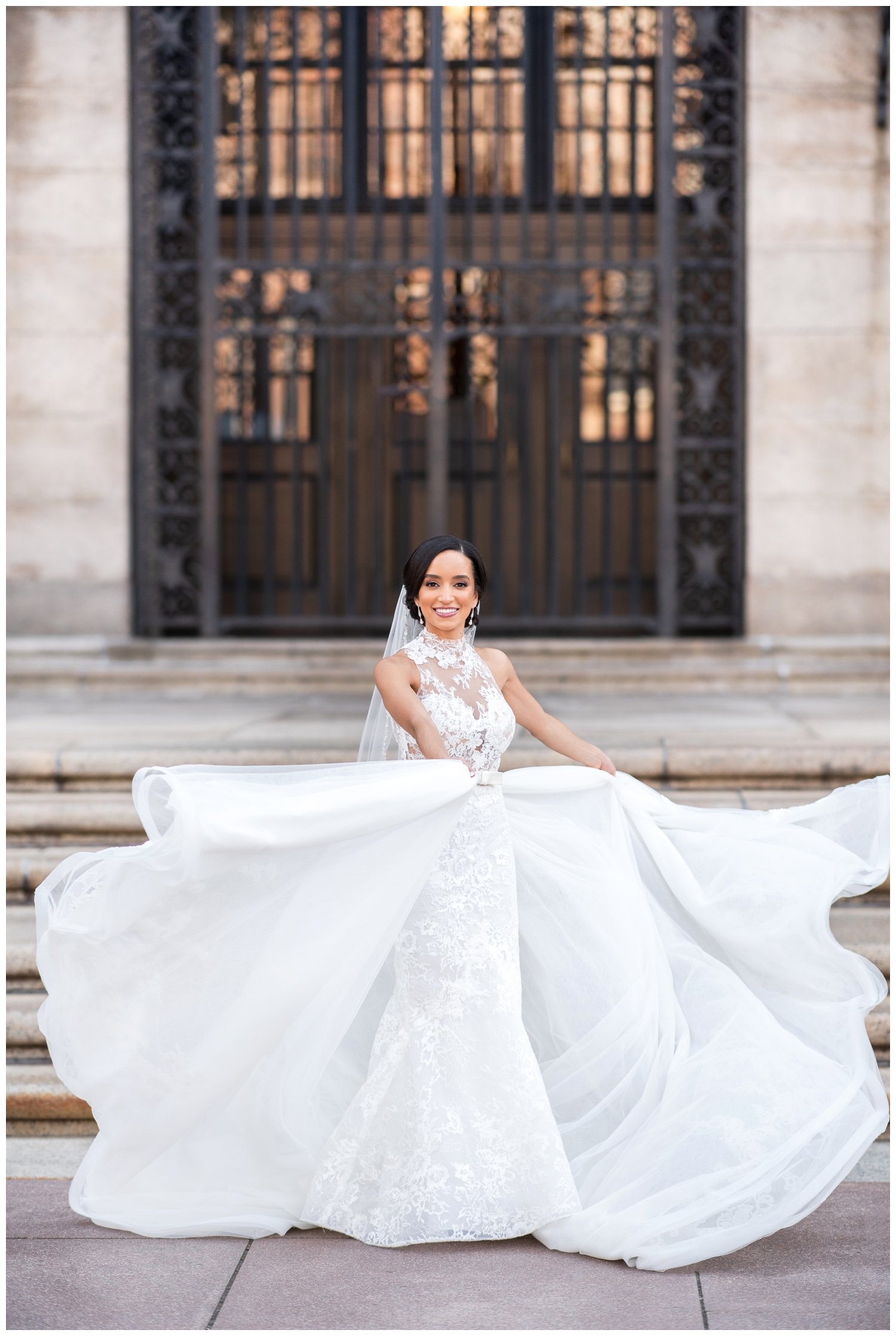 bride sitting on steps of Boston Public Library for Fairmont Copley Plaza wedding