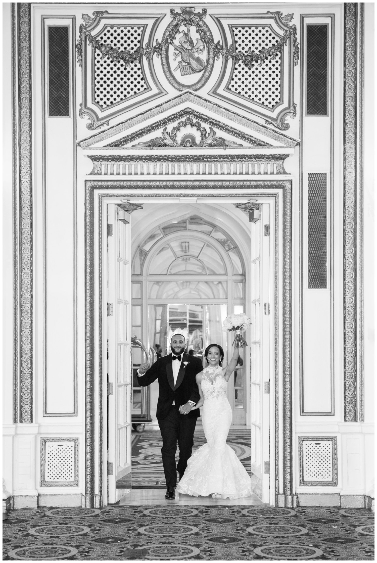 bride and groom entering ballroom Fairmont Copley Plaza wedding reception
