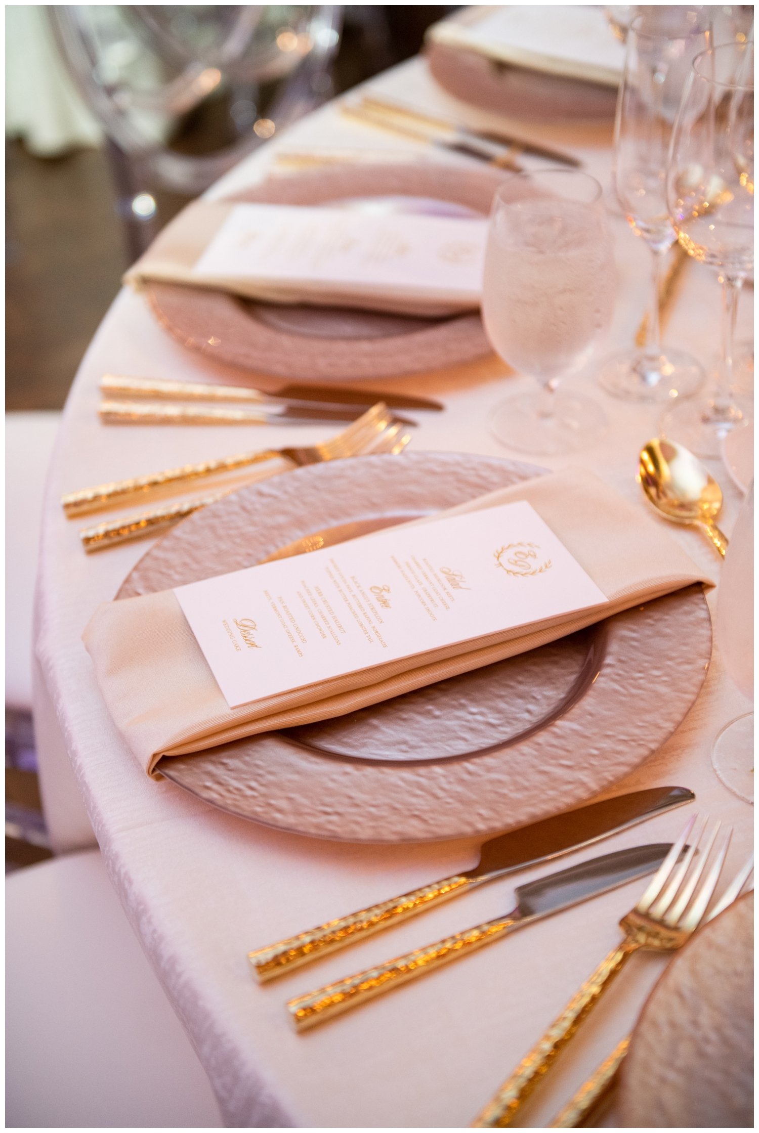 blush table setting inside Fairmont Copley Plaza wedding
