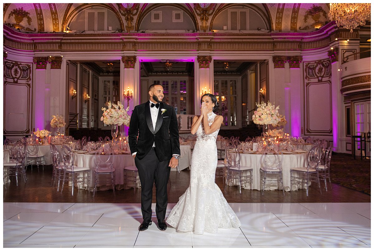 bride and groom standing inside ballroom reception Fairmont Copley Plaza wedding