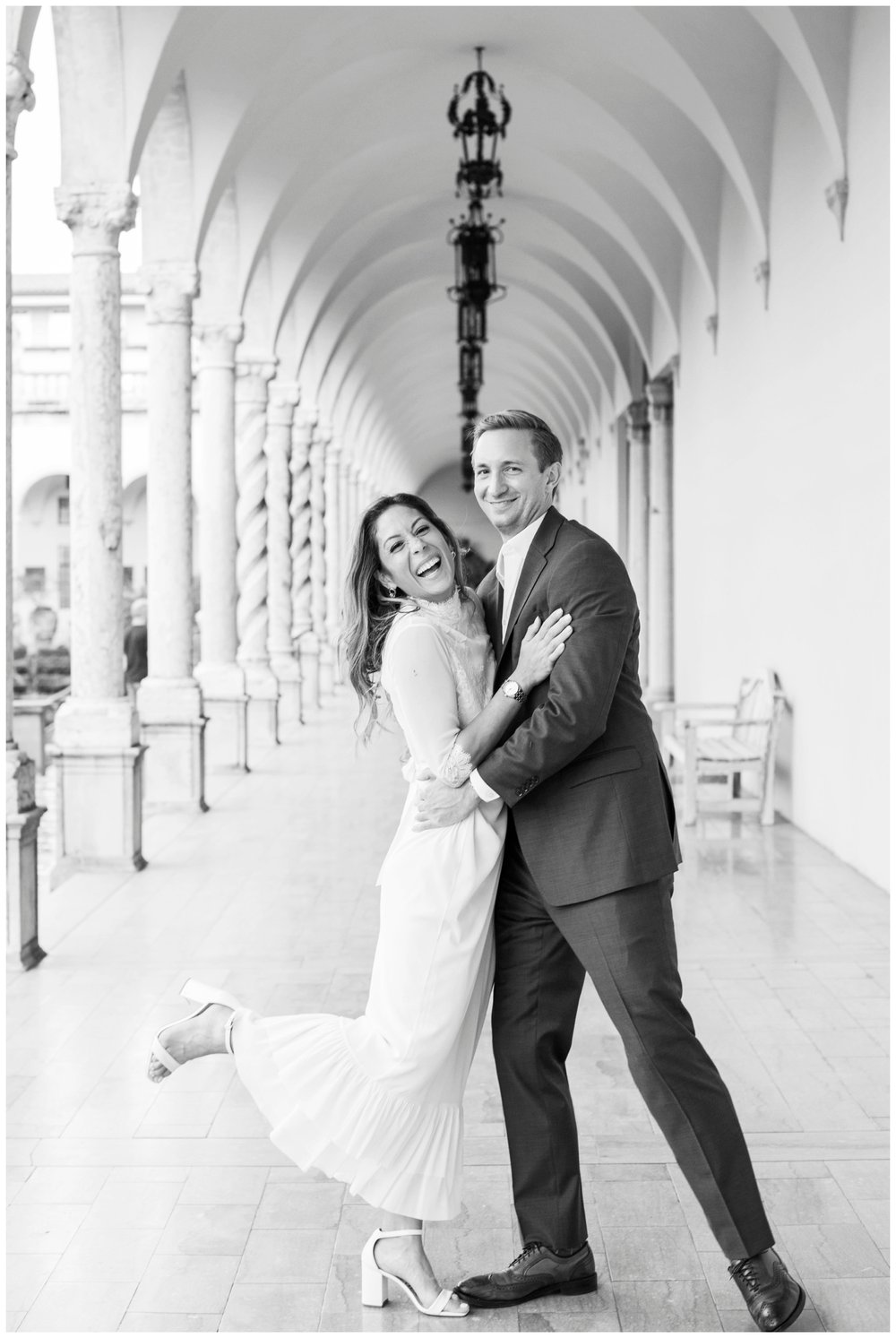 black and white portrait of engaged couple at Ringling Museum for  Miami Wedding Photographer