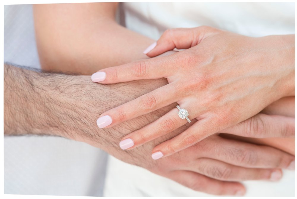 detailed image of engaged couples hands clasped together