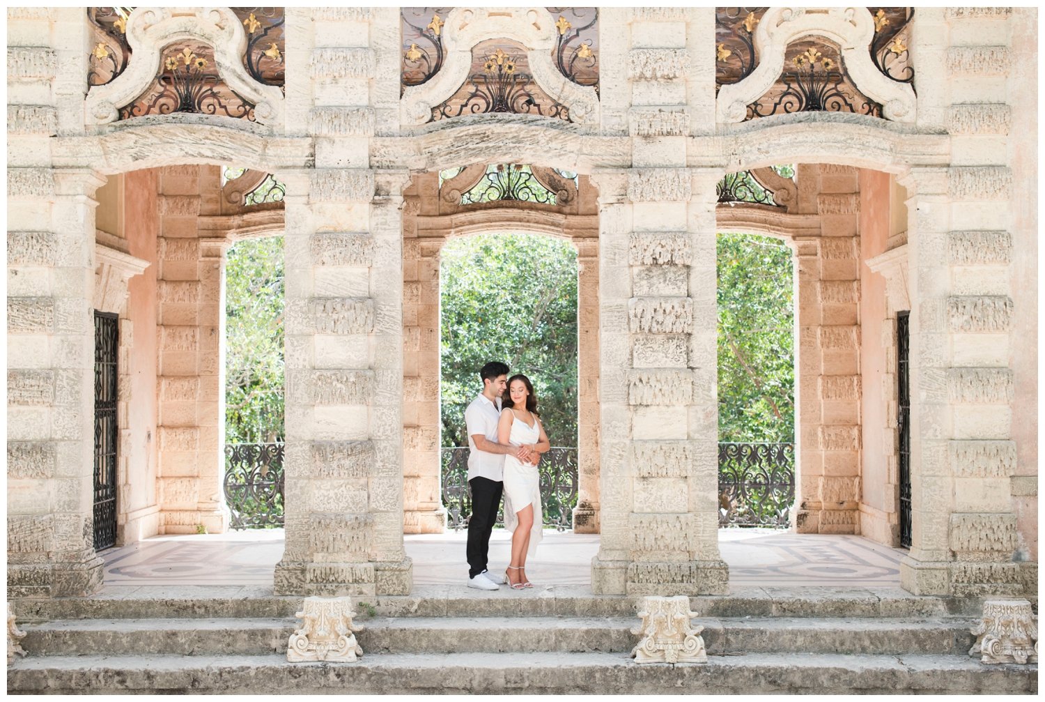 outdoor portrait of engaged couple at Vizcaya Museum and Gardens