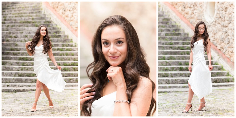 engaged bride in all white flowing dress outside by the stairs at Vizcaya Museum and Gardens in Miami Florida