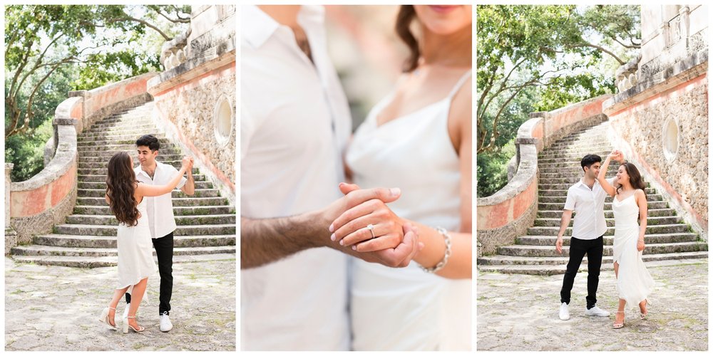 engaged couple dancing together in the gardens at Vizcaya Museum
