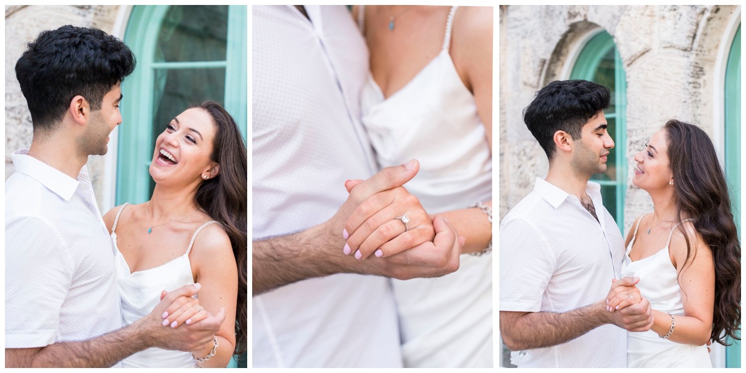 engaged couple dancing by waterfront in Miami, Florida