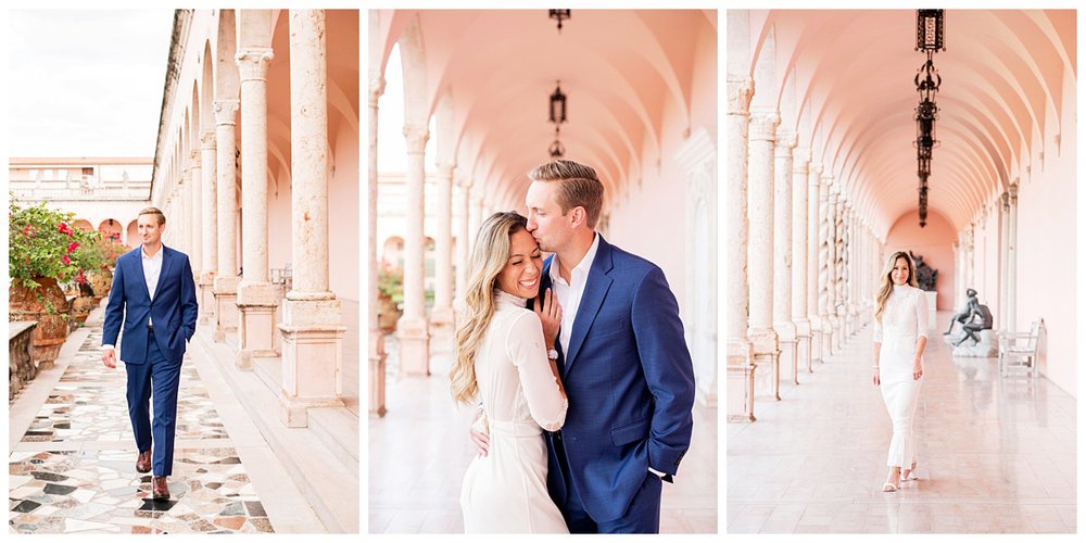 engaged couple posing outdoors standing under archway for  Miami Wedding Photographer