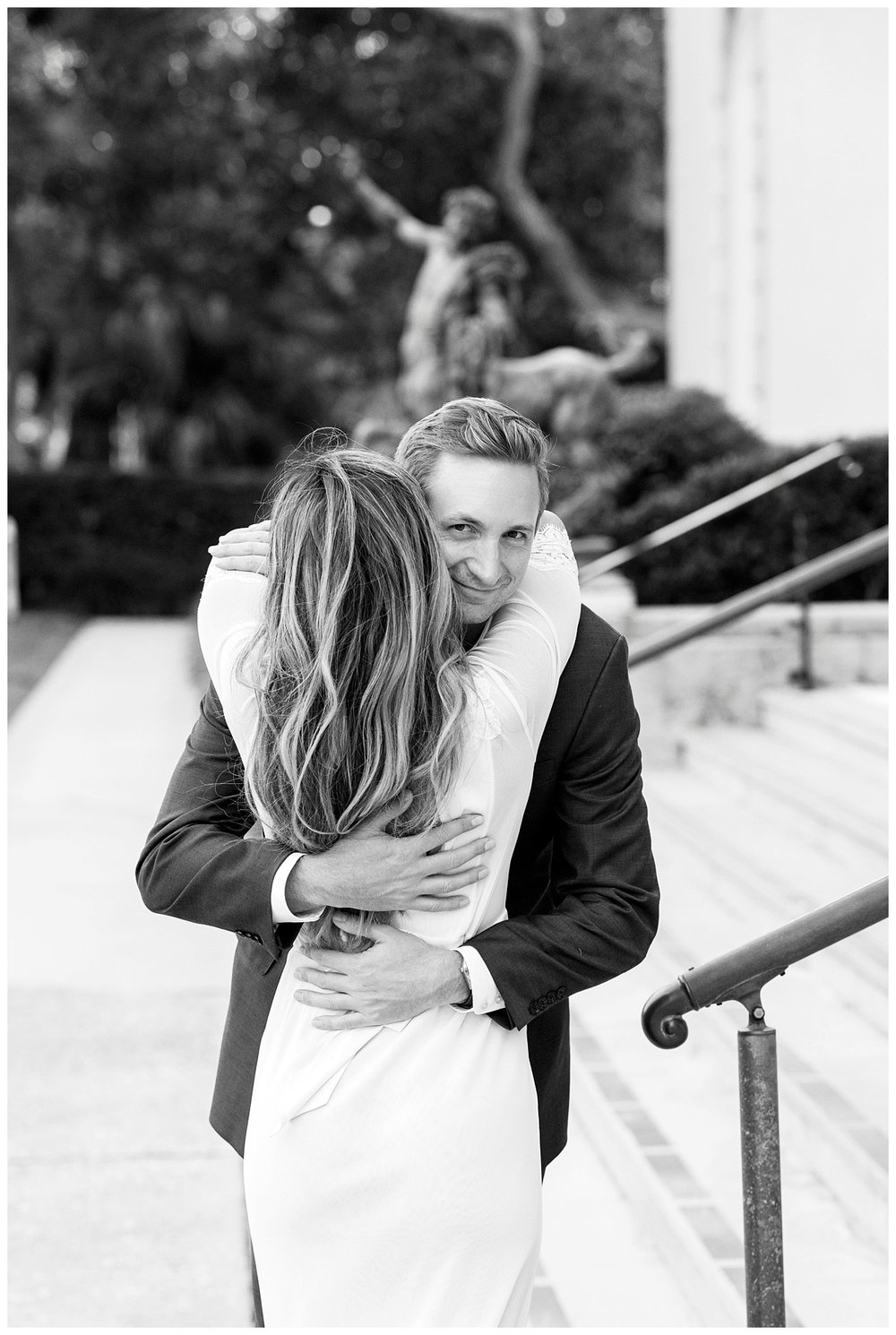 black and white portrait couple hugging for Miami Wedding Photographer Ringling Museum