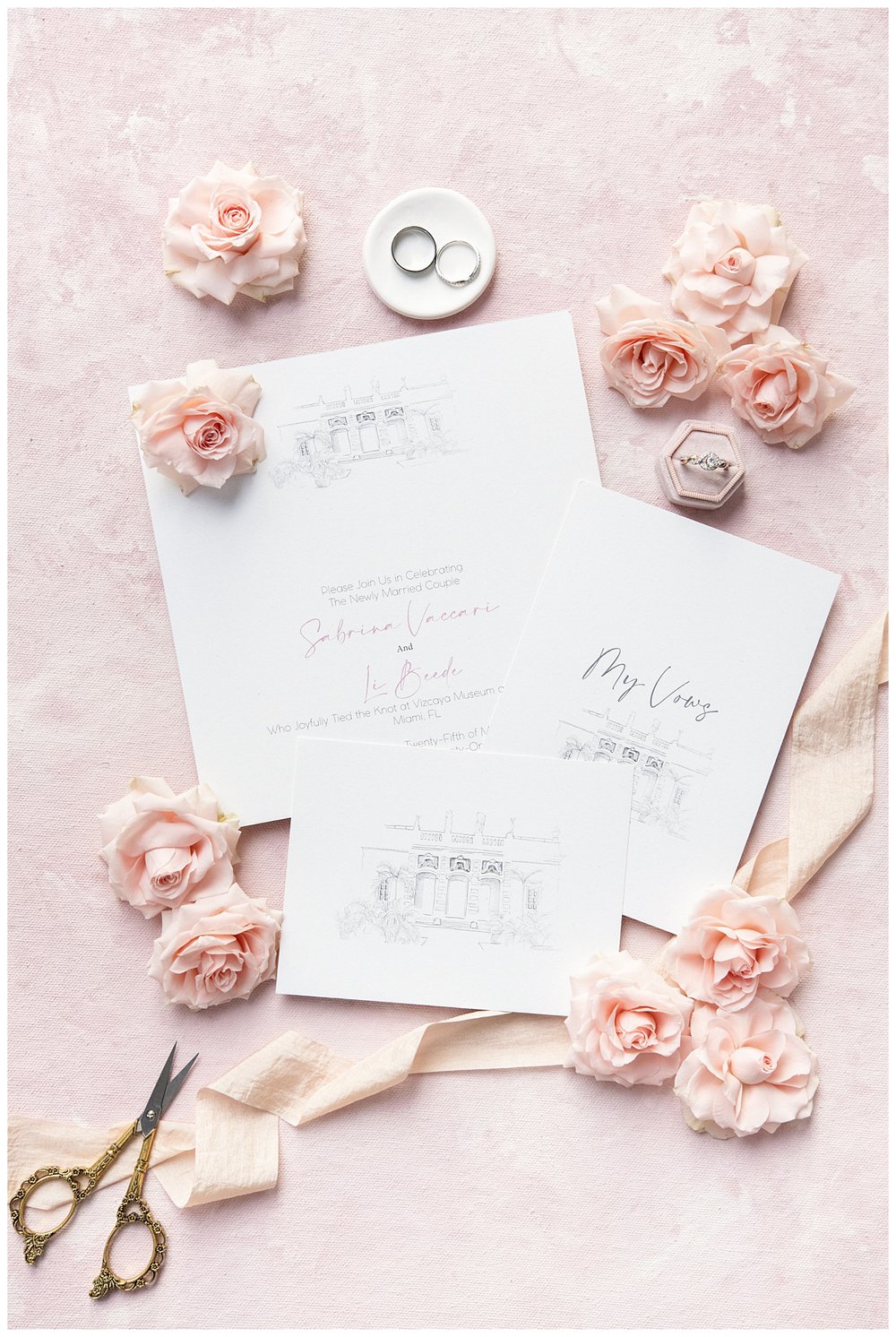 white invitation suite with pink florals