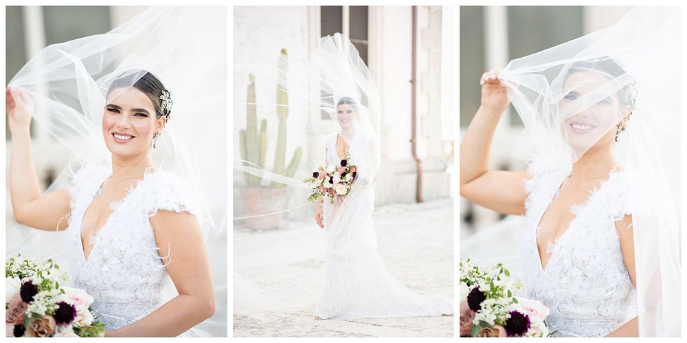 portrait of bride holding her veil for veil swoop for Miami wedding photographer at Vizcaya Museum and Gardens