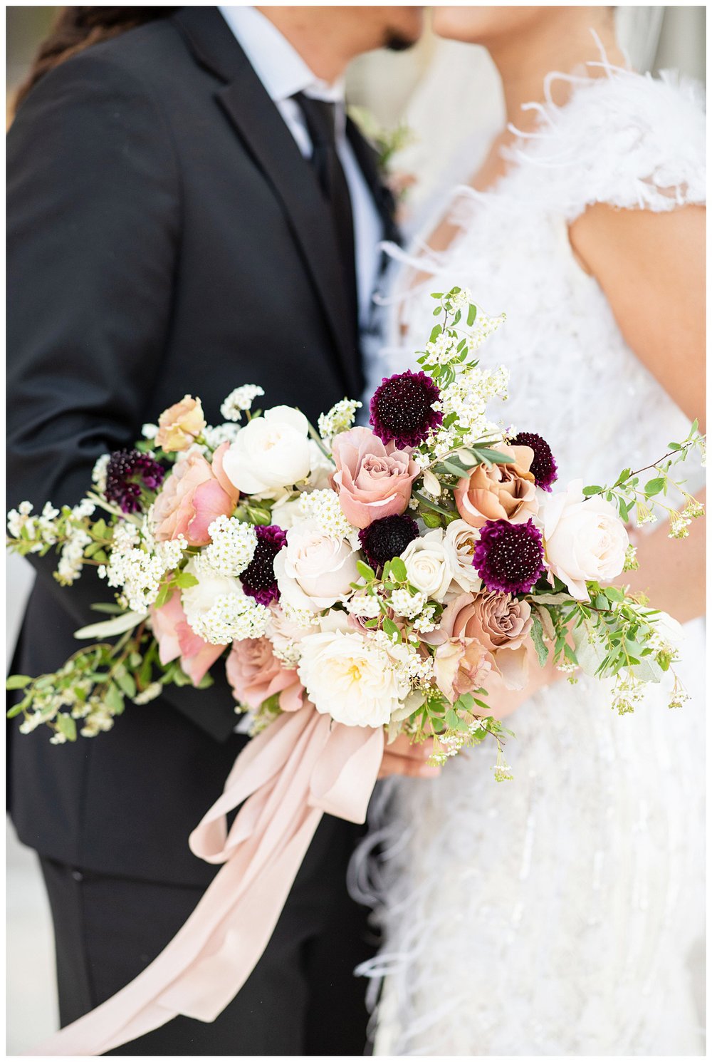 white, blush and burgundy wedding bouquet