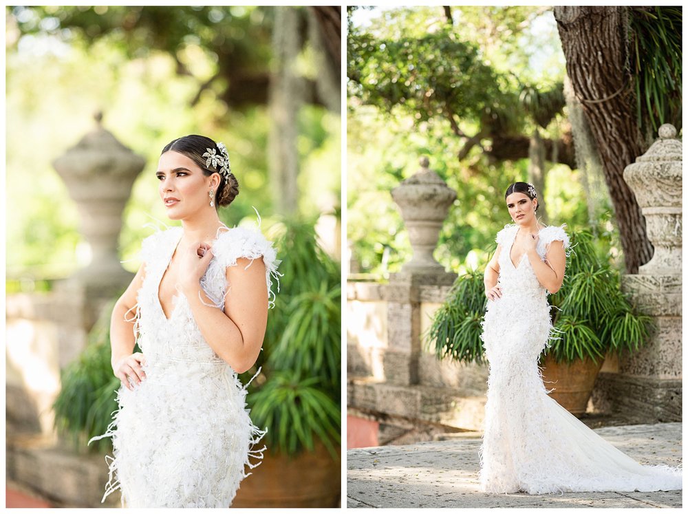 bride standing in Vizcaya Gardens for bridal portraits with Miami wedding photographer