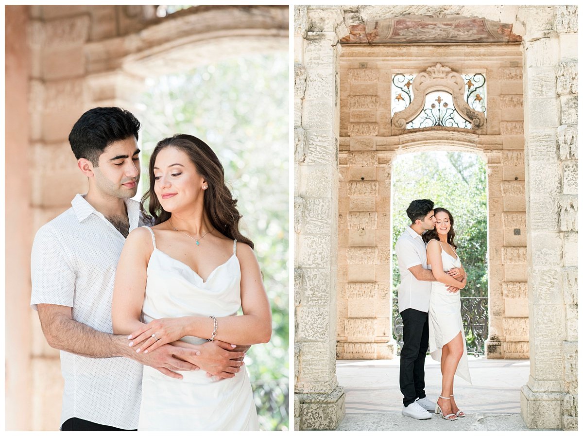 Engaged couple posing and hugging during Vizcaya Museum engagement photos
