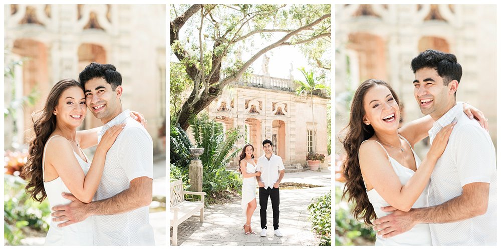 engaged couple in white outfits standing outside Vizcaya Museum in Miami Florida