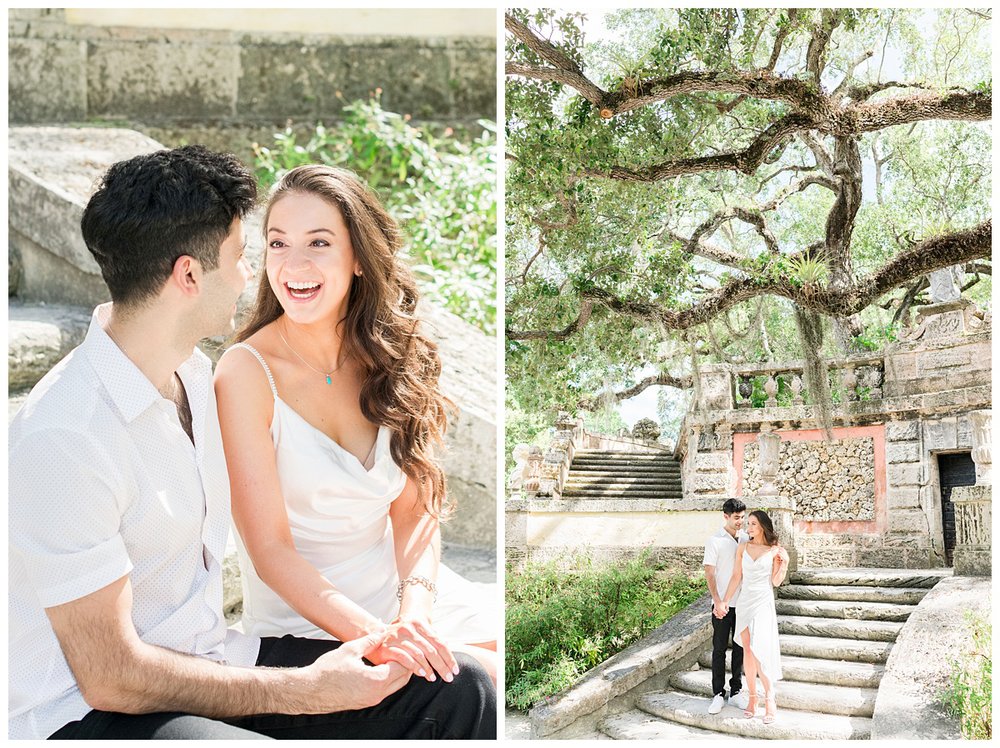 Vizcaya Museum engagement photos with couple sitting on steps