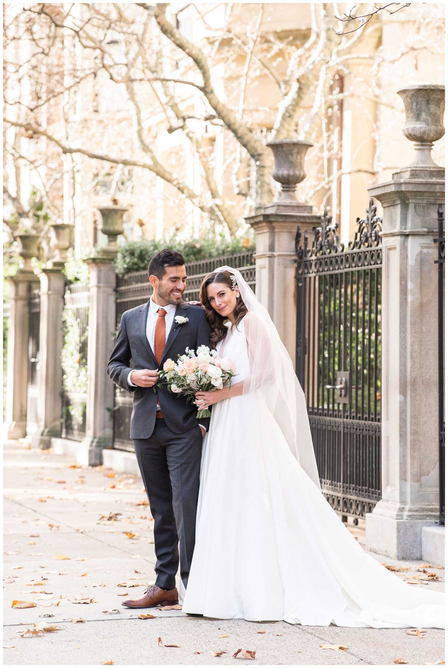 bride and groom portrait outside the Hampshire House Boston