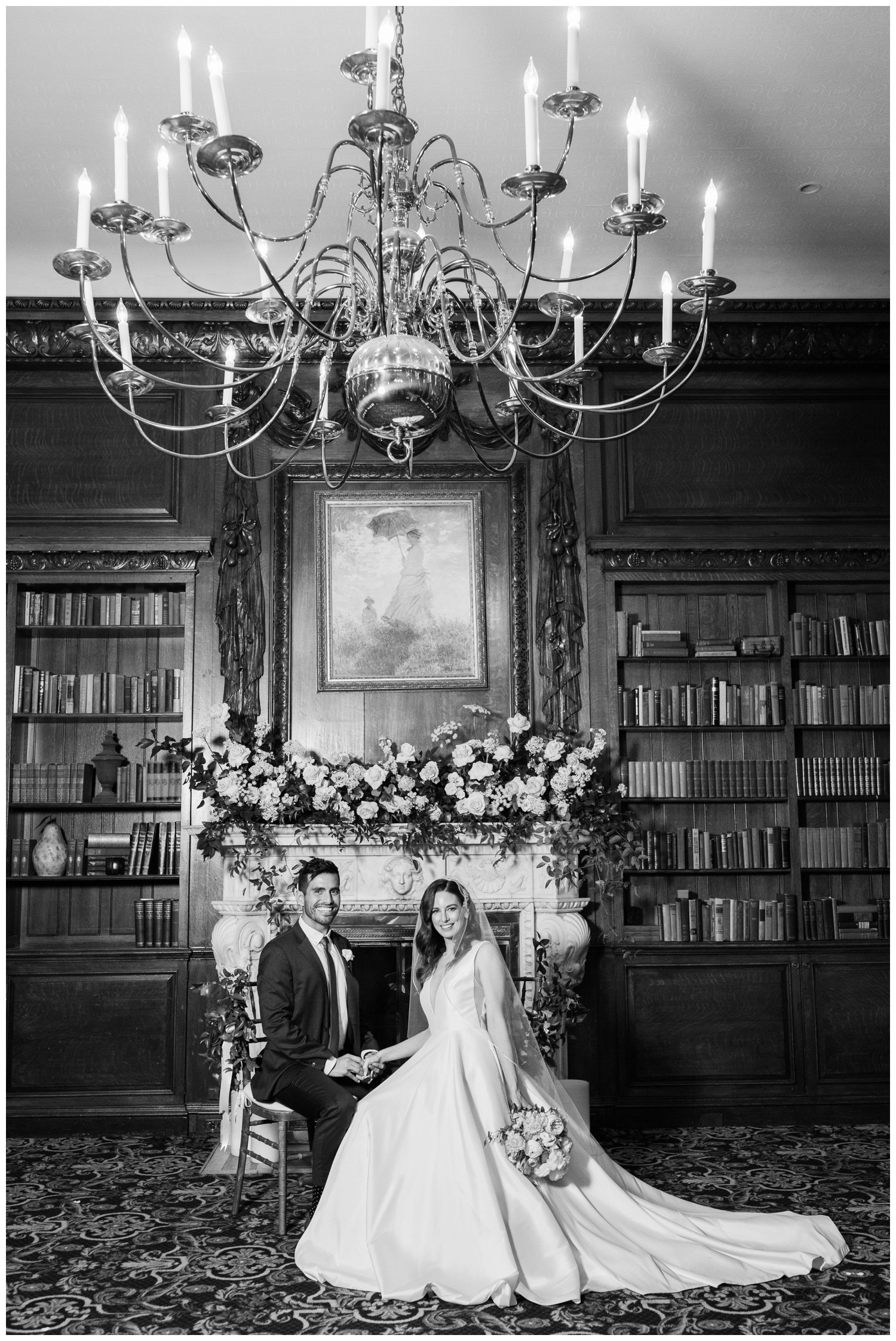 black and white portrait bride and groom inside The Hampshire House Bosston