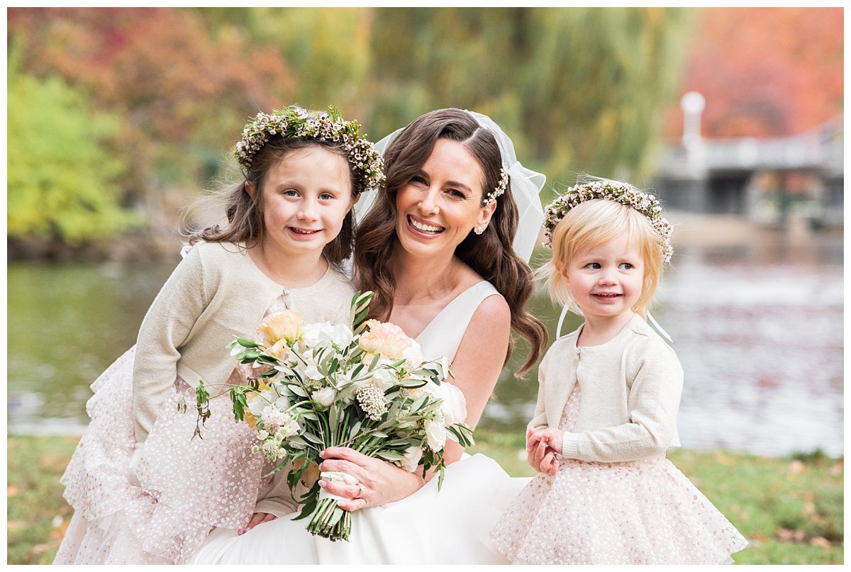 bride with flower girls outside portrait Boston wedding photographer