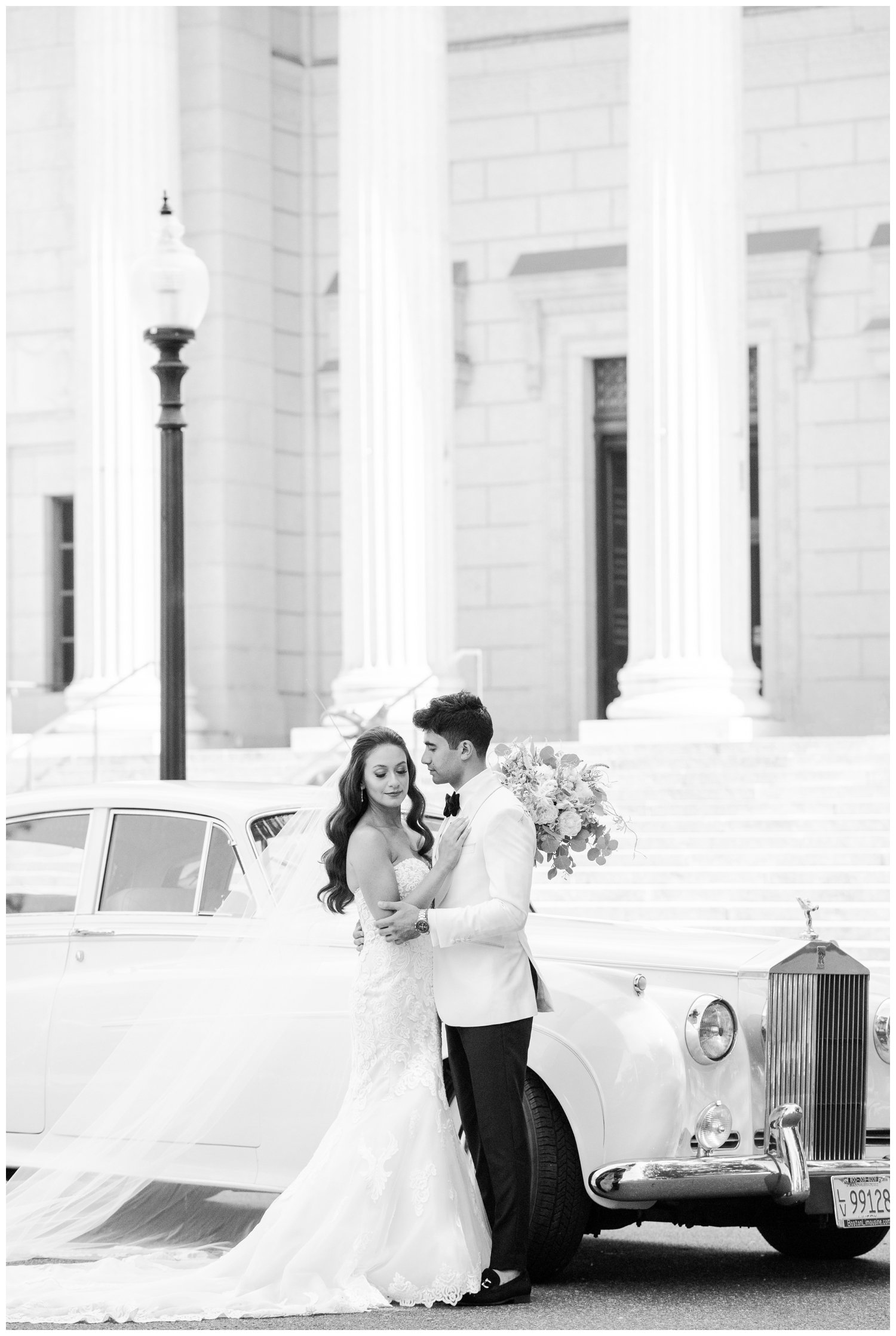 bride and groom standing in front of Rolls Royce Granite Links wedding