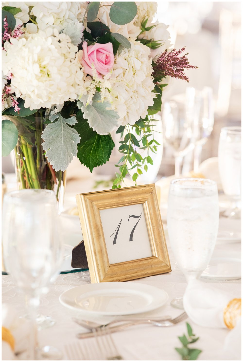 gold and white reception table number