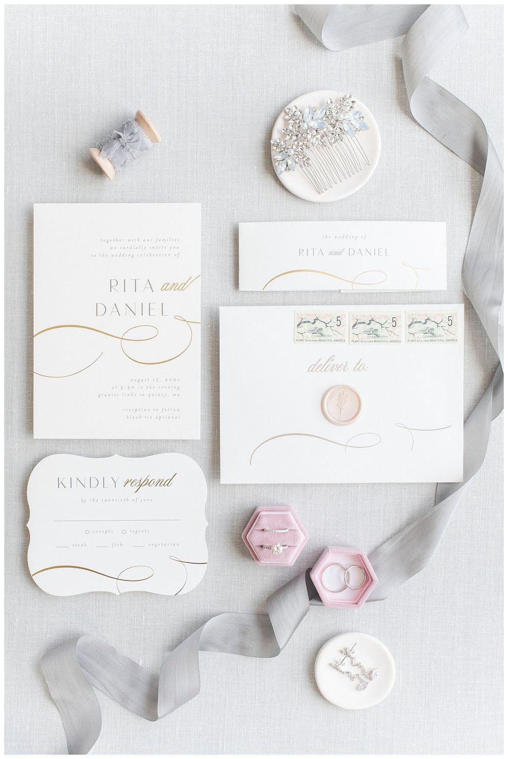 white invitation suite pink ring box Granite Links Wedding