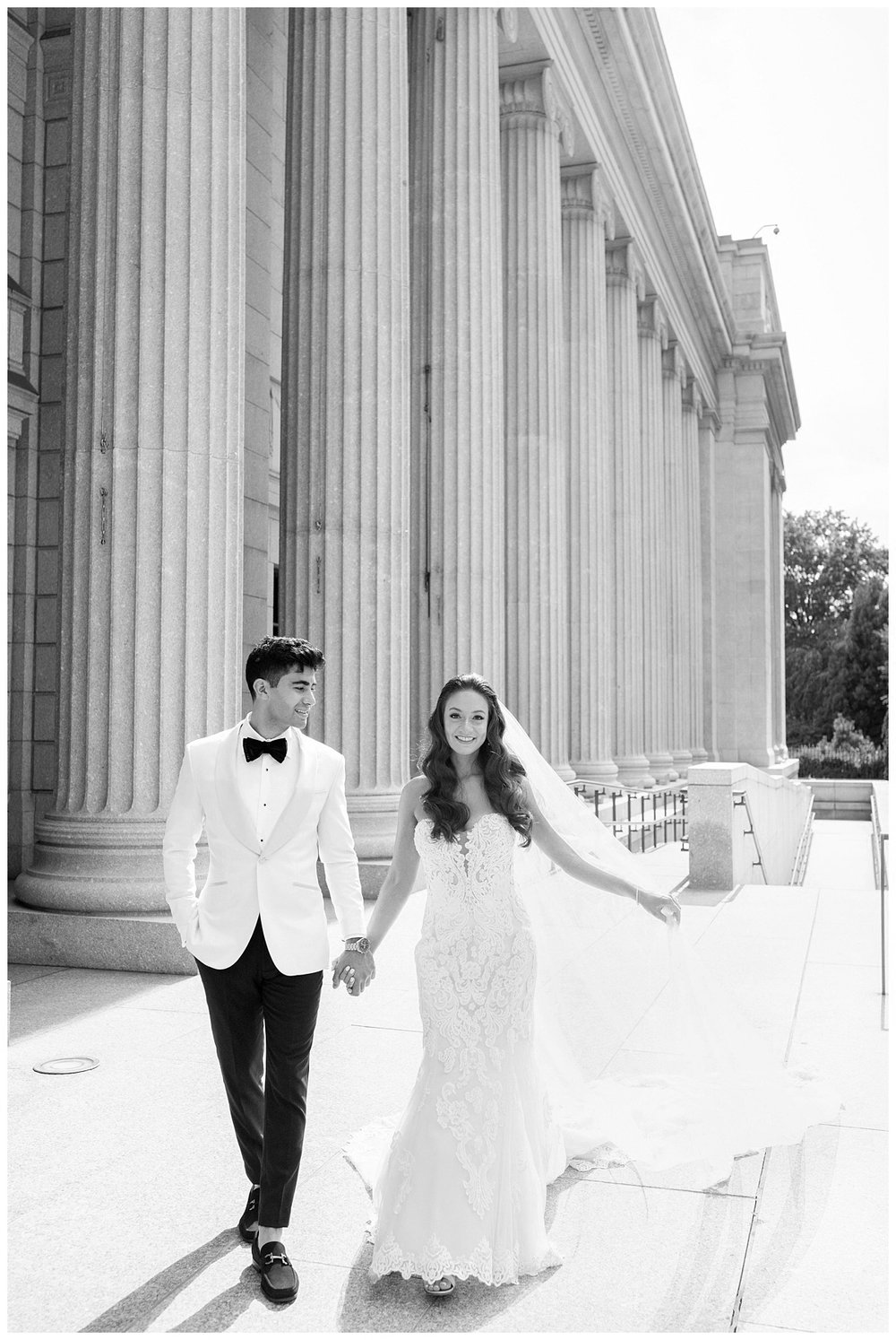 black and white portrait bride and groom walking outdoors Granite Links Wedding