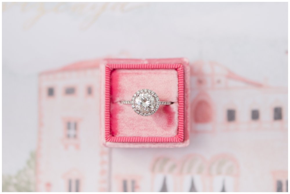 platinum wedding ring in blush ring box