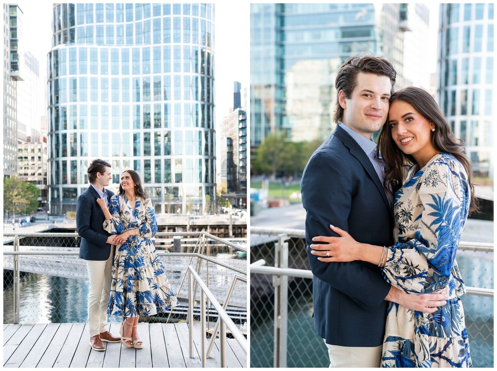 engaged couple in blue floral dress and blue jacket looking at each other in Boston