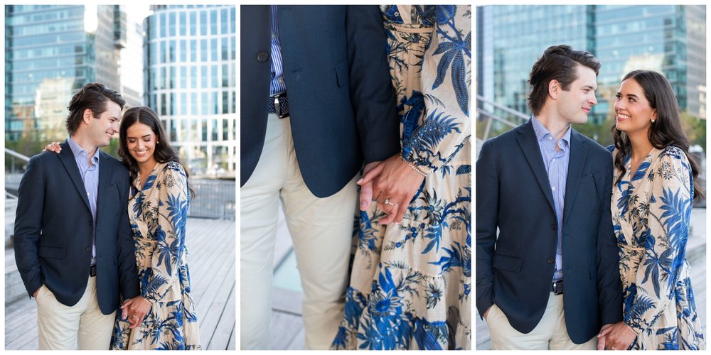 series of images of engaged couples outdoor Boston in navy and cream formal attire