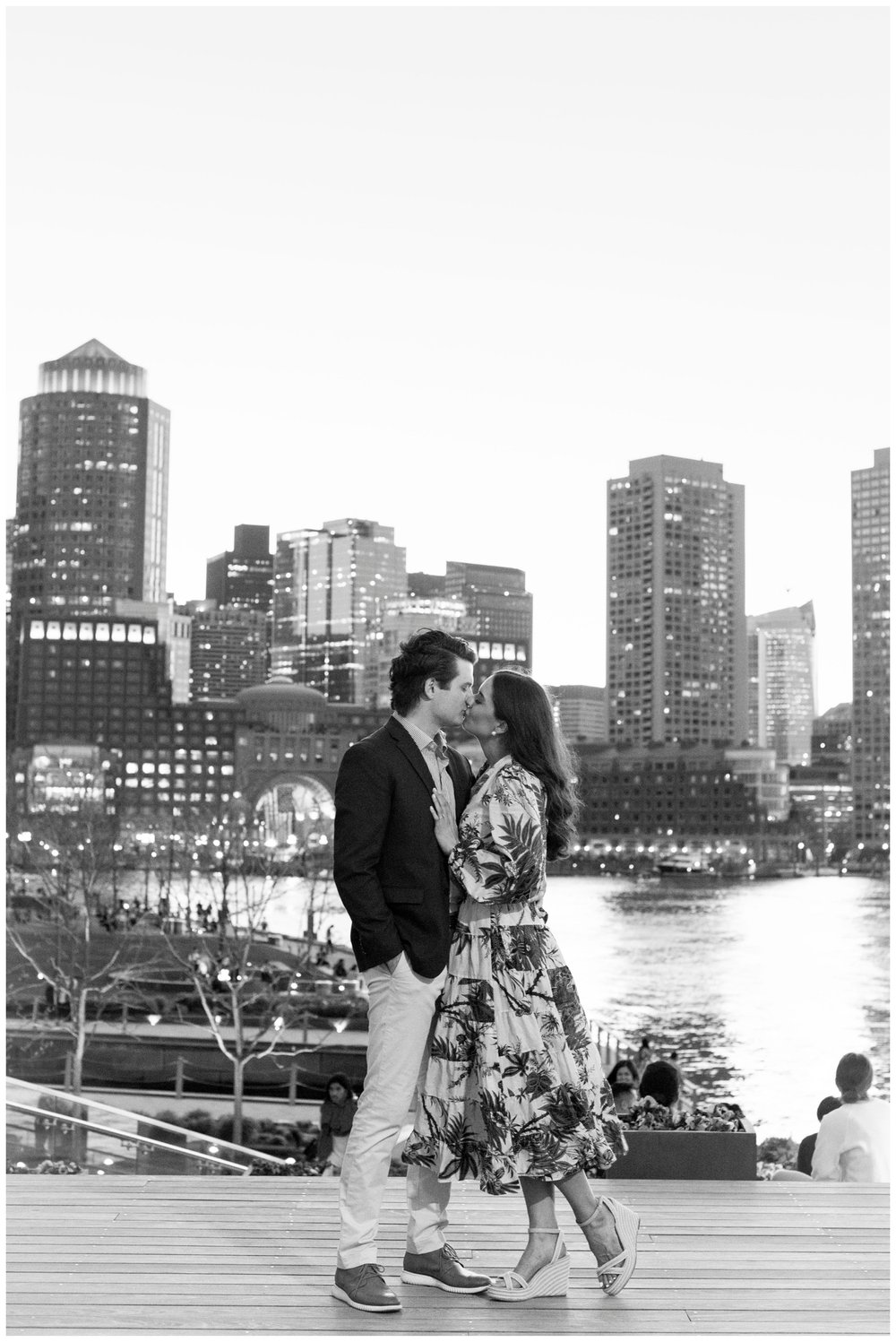 black and white image of Boston Seaport engagement session