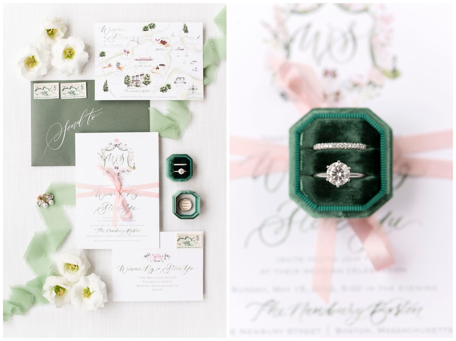 white invitation suite flatlay with emerald ring box