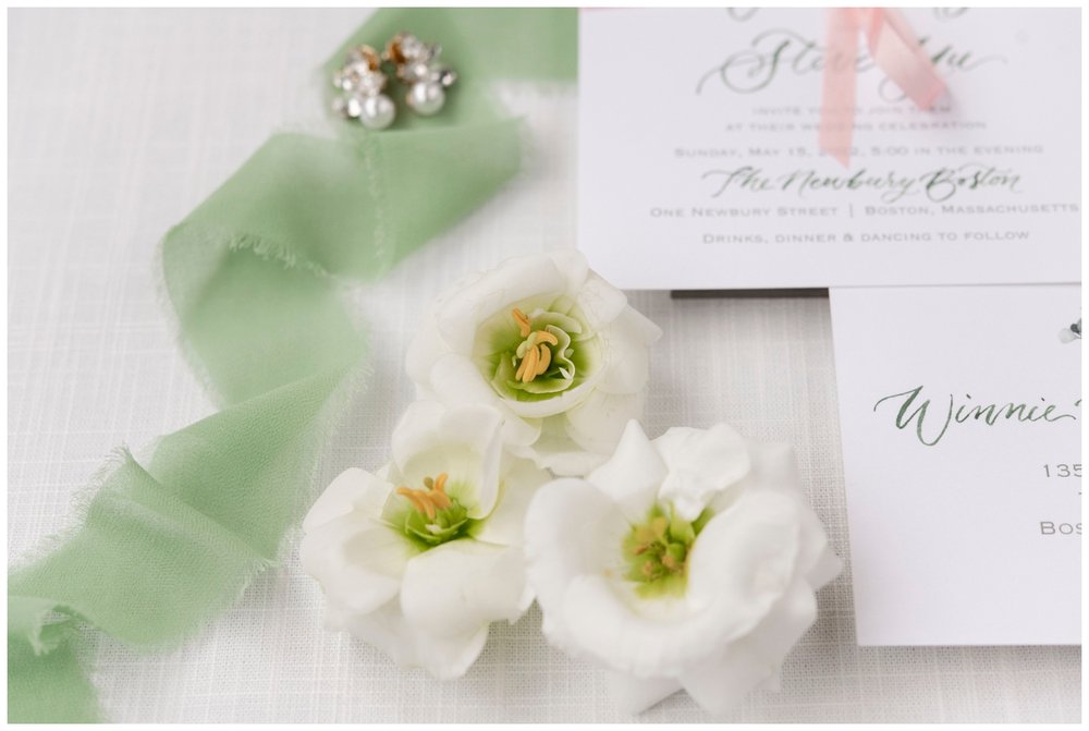 flatlay detail of ring, flowers and invitation for The Newbury Hotel Wedding venue