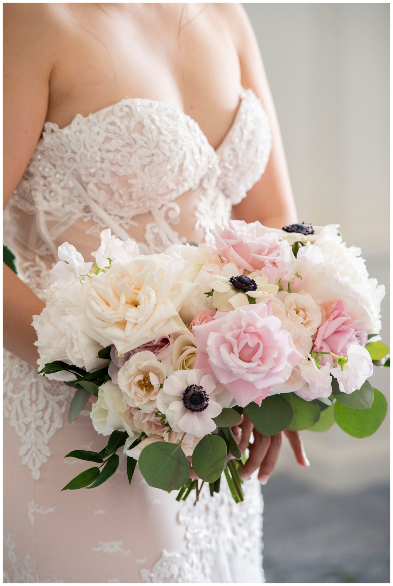 bridal portrait inside The Newbury Hotel featuring her pink and white bouquet
