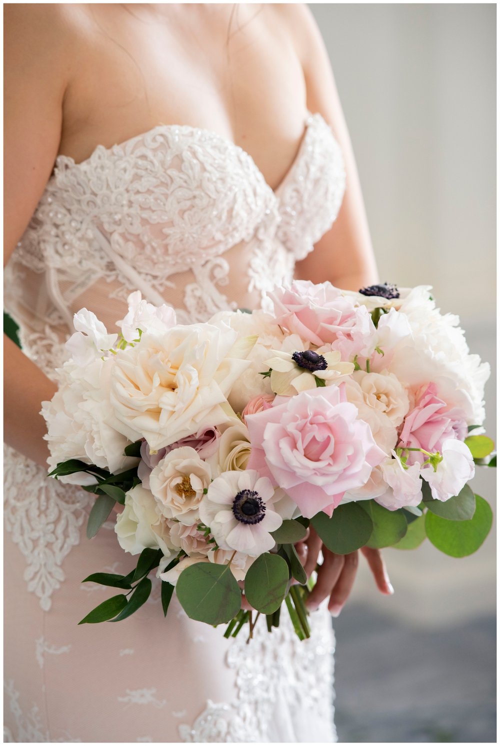 bridal portrait inside The Newbury Hotel featuring her pink and white bouquet