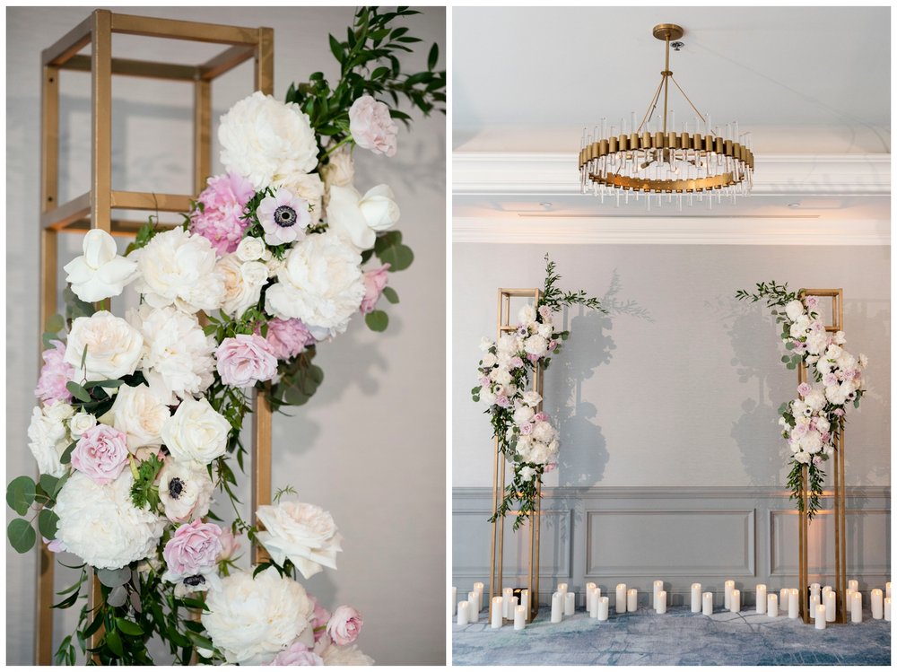 pink and white florals on gold pillar The Newbury Hotel wedding ceremony
