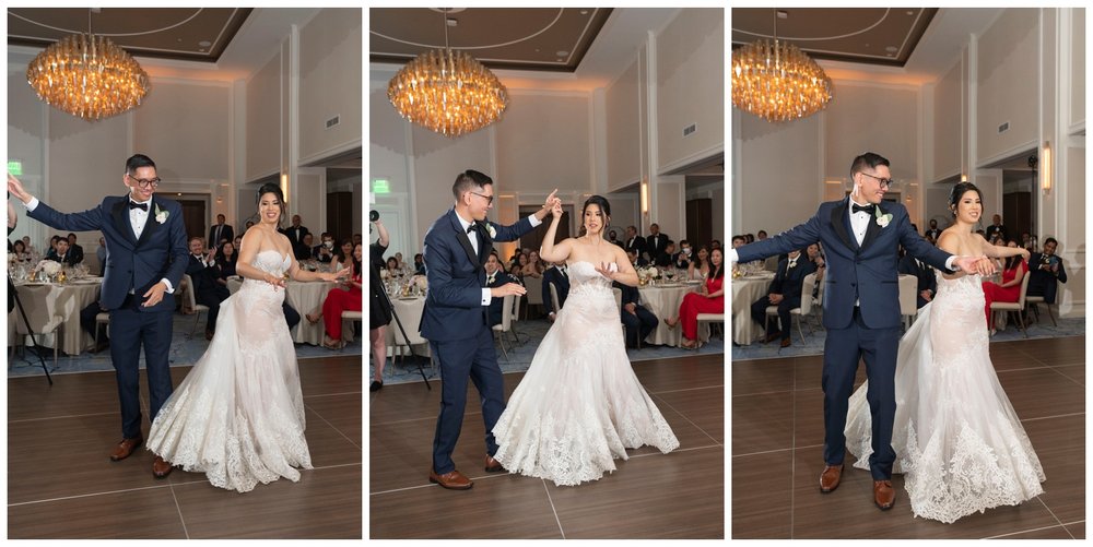 bride and groom first dance inside The Newbury Hotel wedding reception