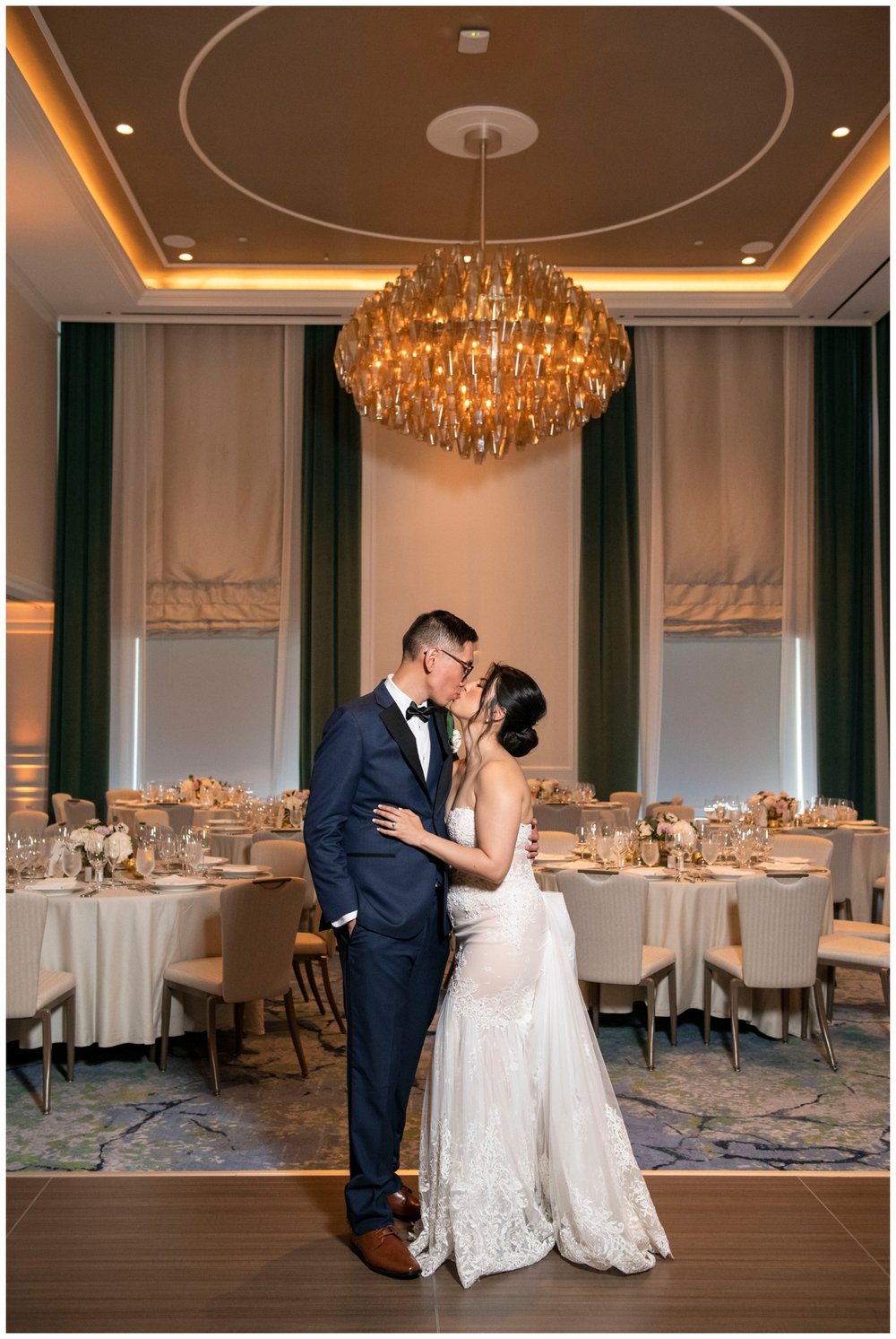 bride and groom portrait at reception space in The Newbury Hotel wedding reception hall