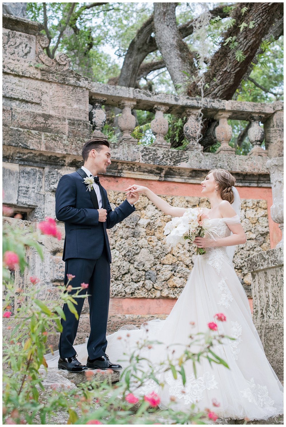 bride and groom during first look at Miami Vizcaya Museum Wedding
