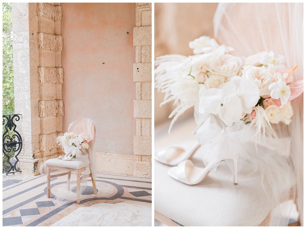 white wedding shoes with feathers and white blush bouquet