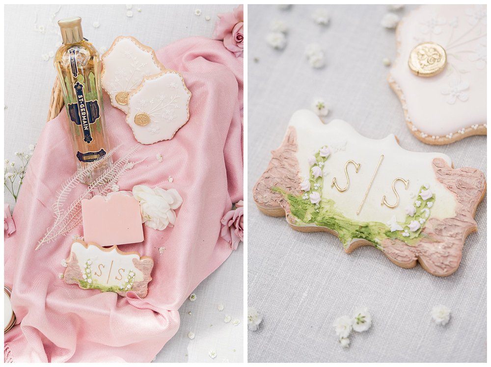 blush flatlay with white and blush cookies