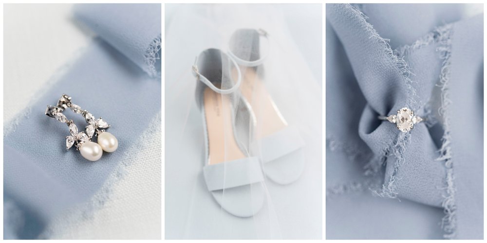photos of dusty blue heels and earrings by New England wedding photographer