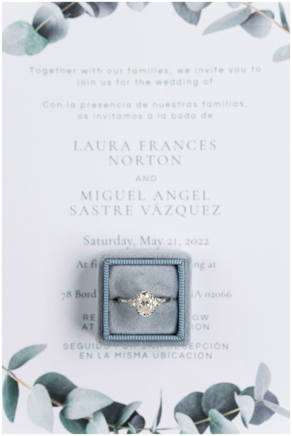 white invitation suite and dusty blue ring box